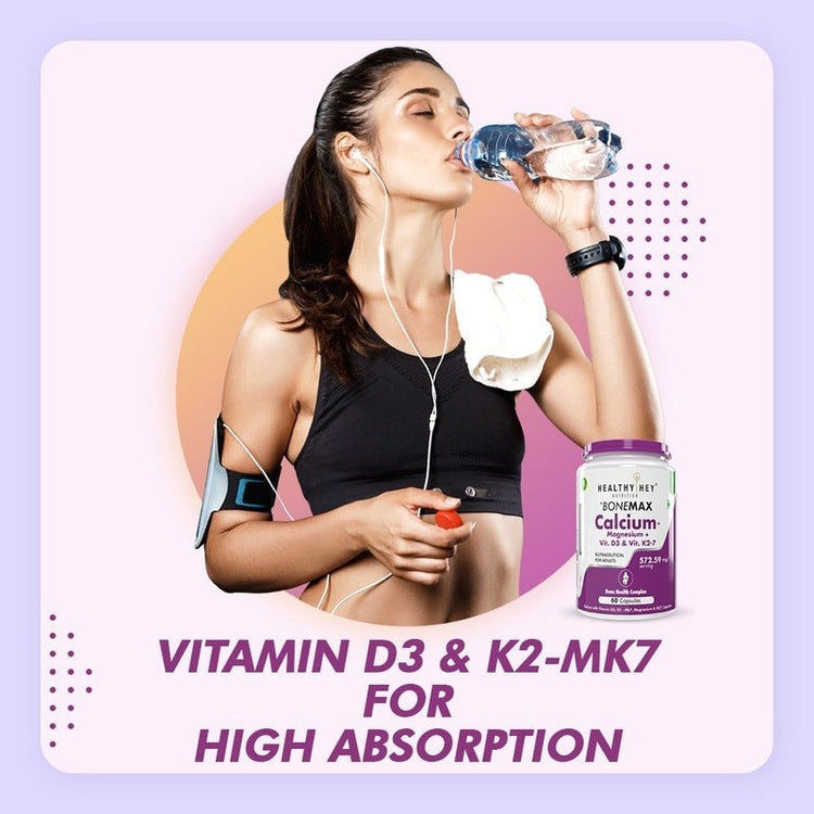 HealthyHey Calcium with Magnesium, Vitamin D3 & Vitamin K2- Mk7 - BoneMax - Bone Health Complex -120 Vegetable Capsules