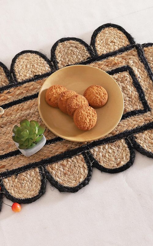 Handmade Eco Friendly Natural Jute Scalloped Black Border Dining Table Runner