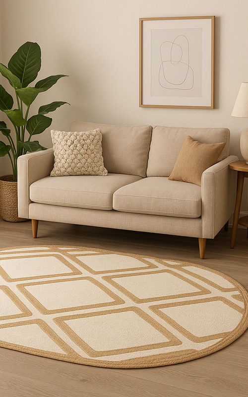 Oval Geometric Jute Rug in Ivory & Natural | Modern Minimalist Area Carpet