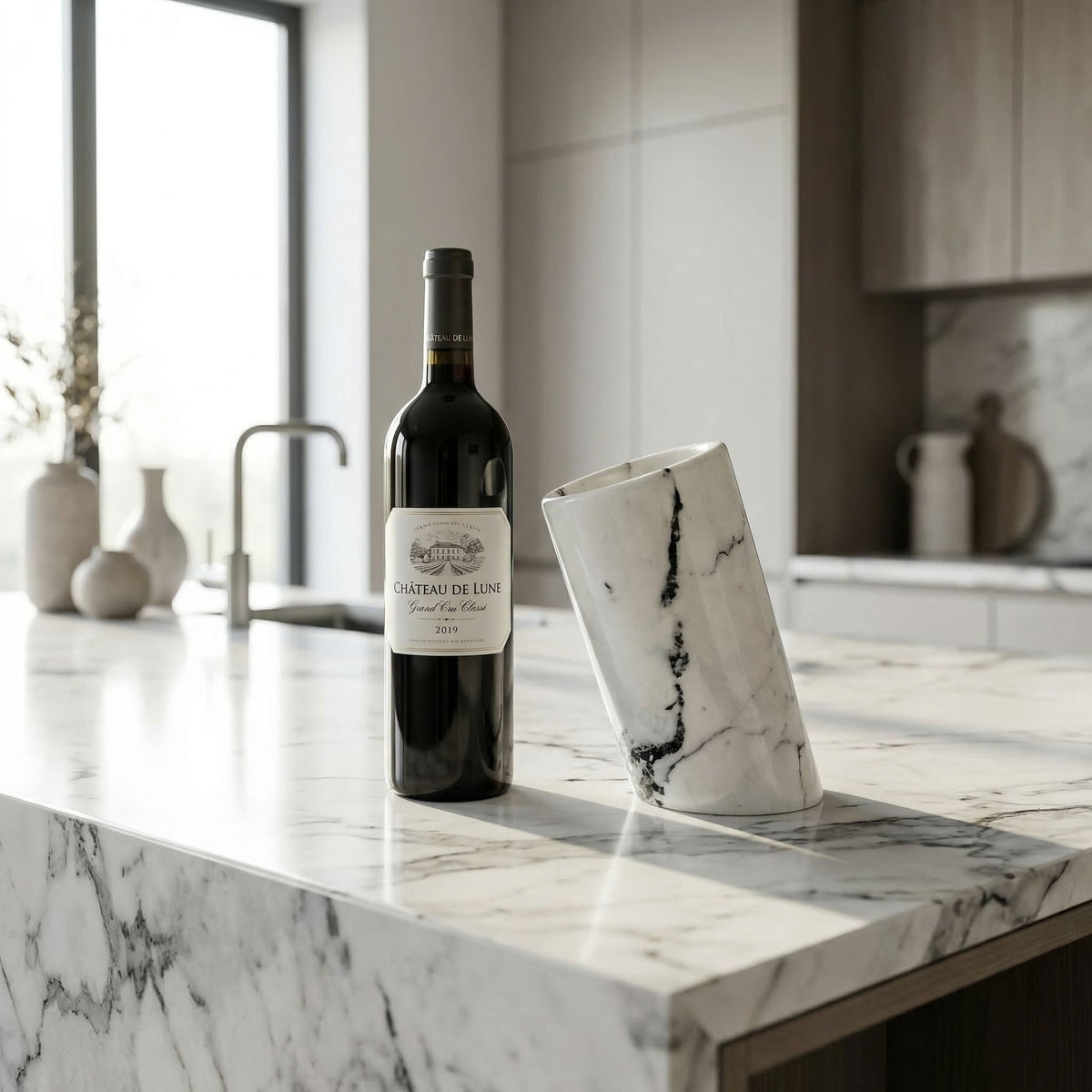 White Marble Wine Chiller Natural Stone Bottle Cooler Luxury Bar Decor