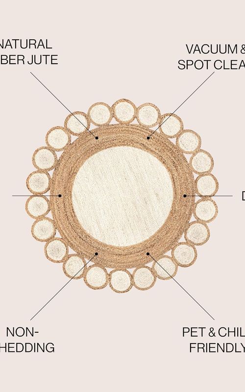 Handmade Round Jute Rug with White Tikki Border | Boho Decorative Area Rug