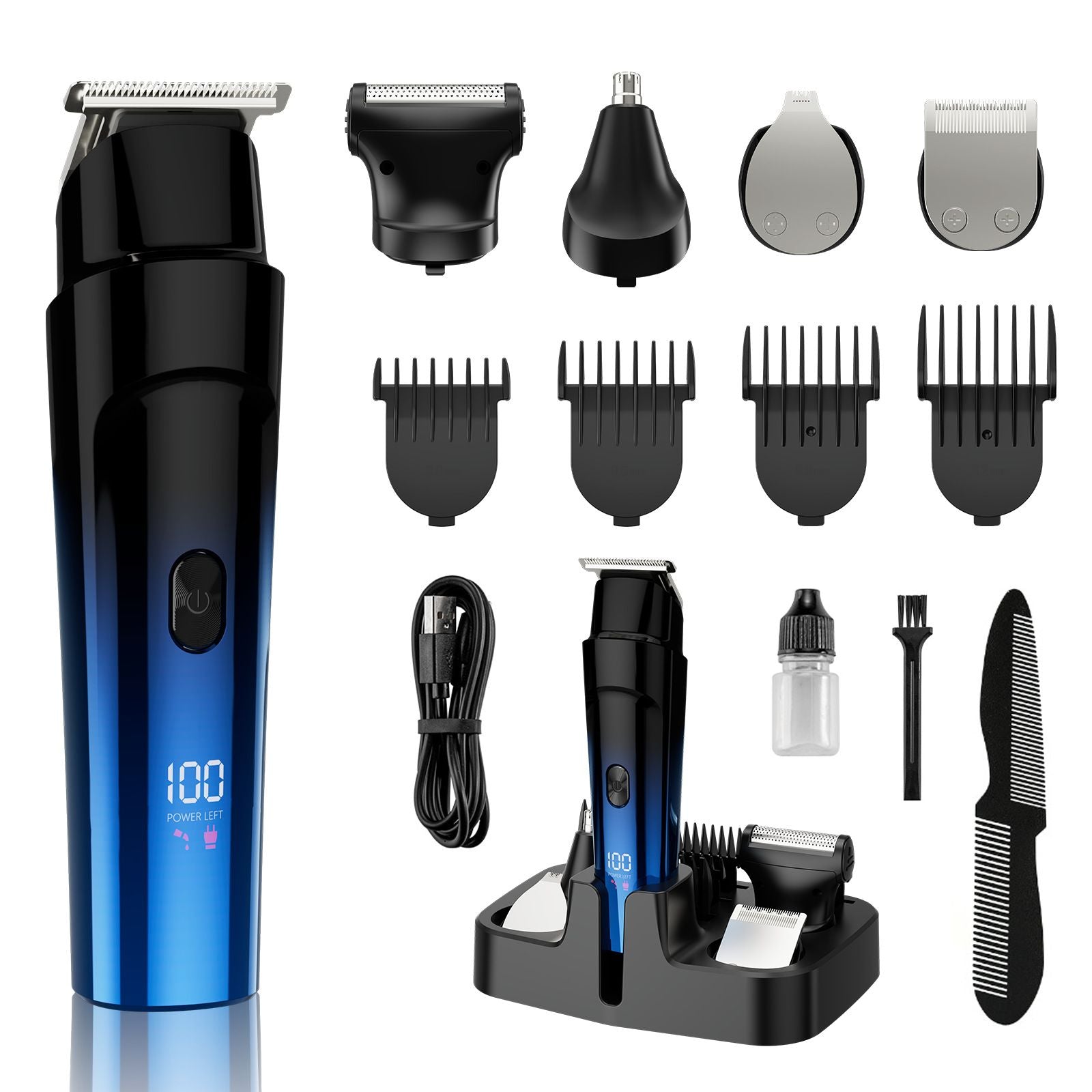 Gradient Blue Electric Hair Clipper Kit with 4 Guide Combs