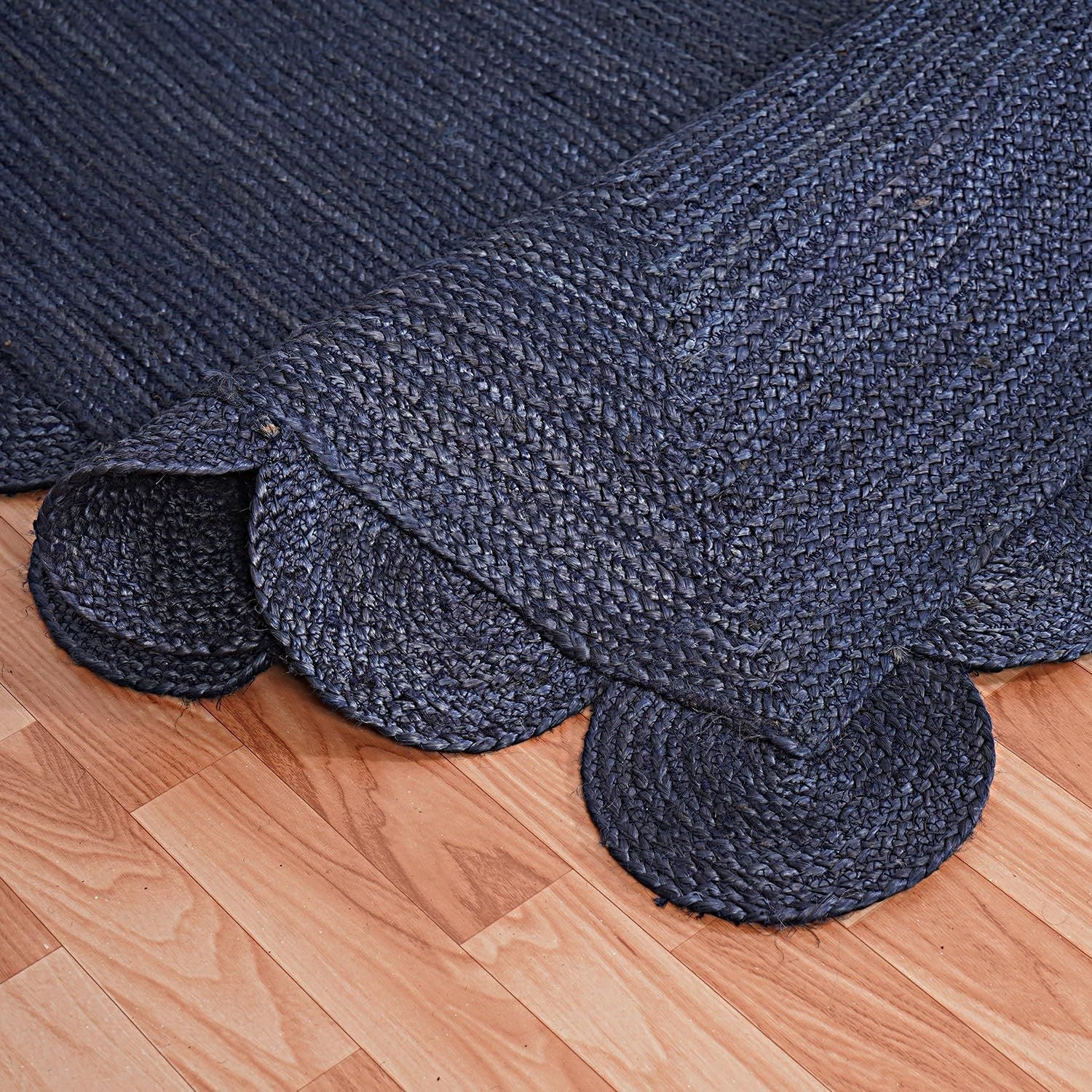 Navy Blue Jute Rug Scalloped Round Carpet | Handwoven Boho Living Room Floor Rug