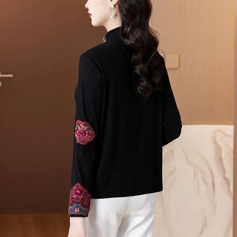 German Wool Embroidered Half High Neck Long Sleeve Base T-Shirt For Women