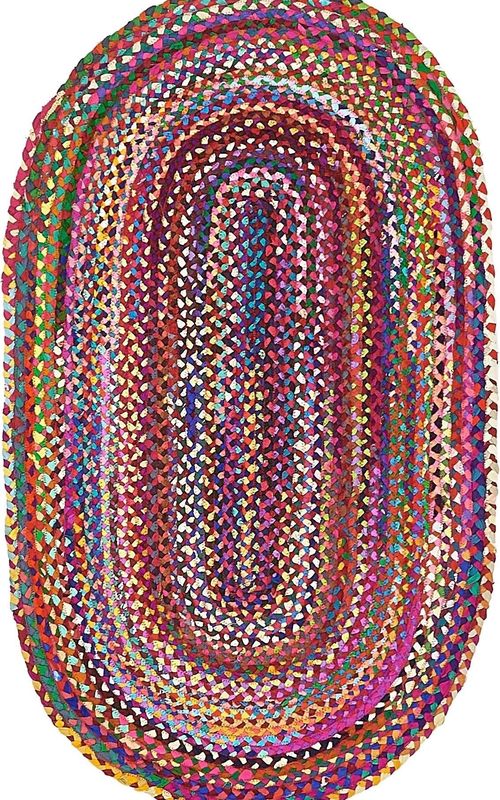 Handmade Multi-Color Oval Braided Cotton Rug - Vibrant Bohemian Style Area Rug