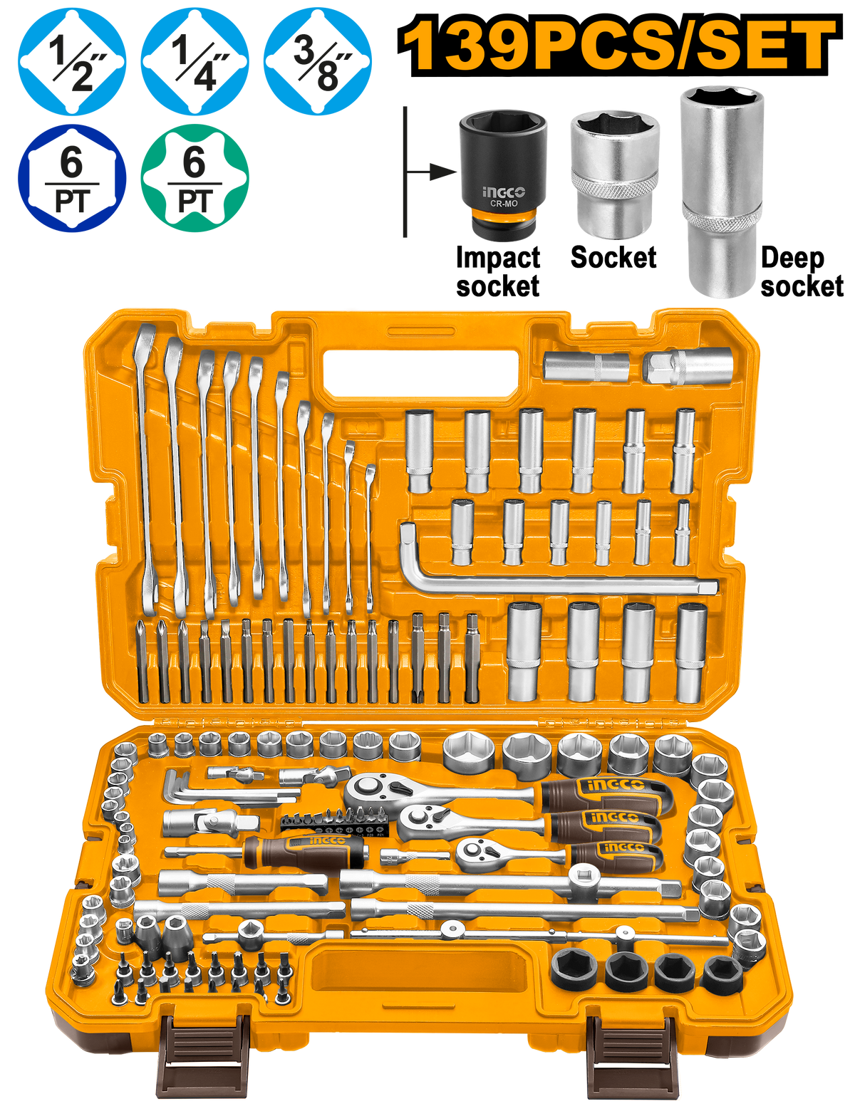 INGCO 139-Pieces Combination Tool Kit Professional Repair Set