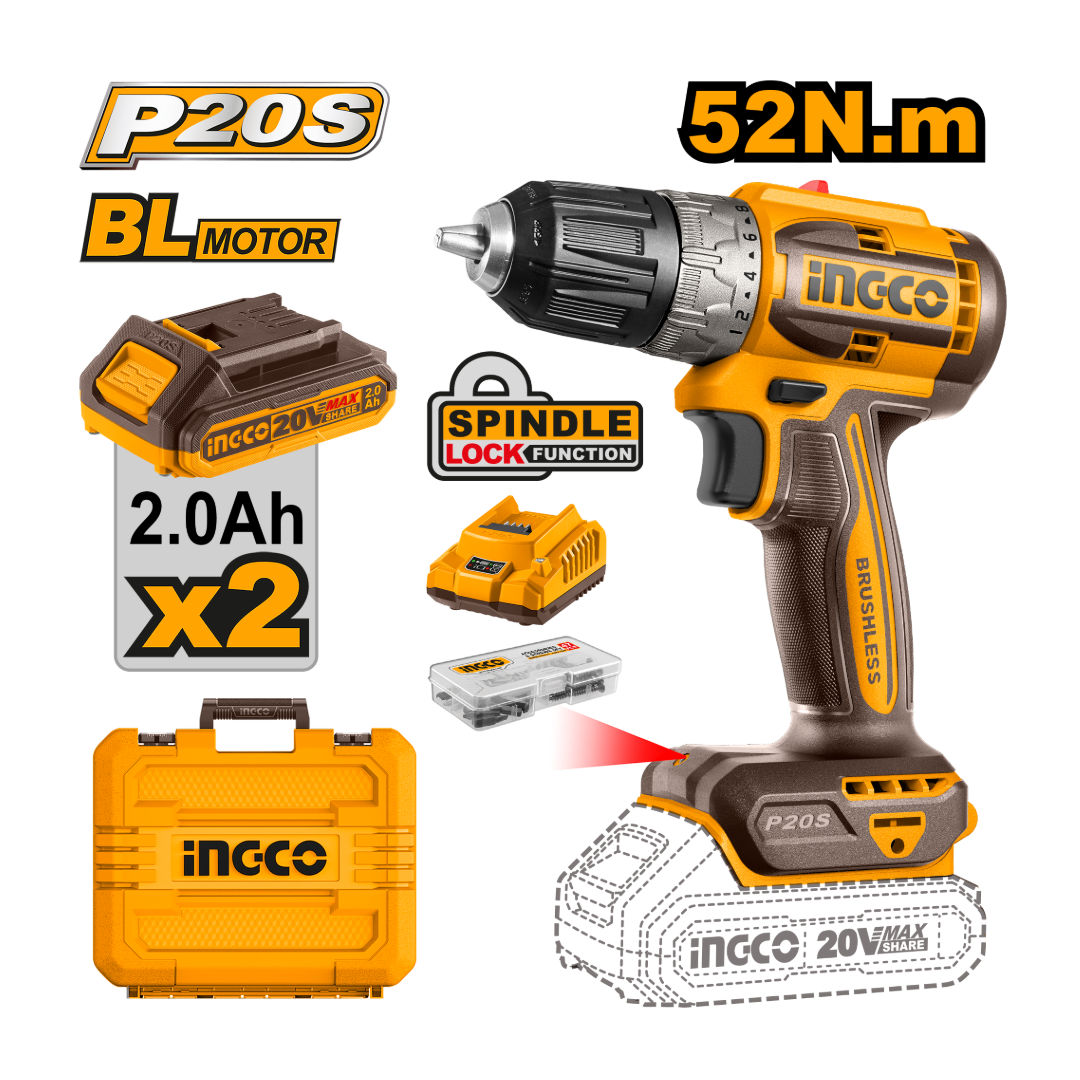 INGCO Brushless Cordless Drill Kit, 20V