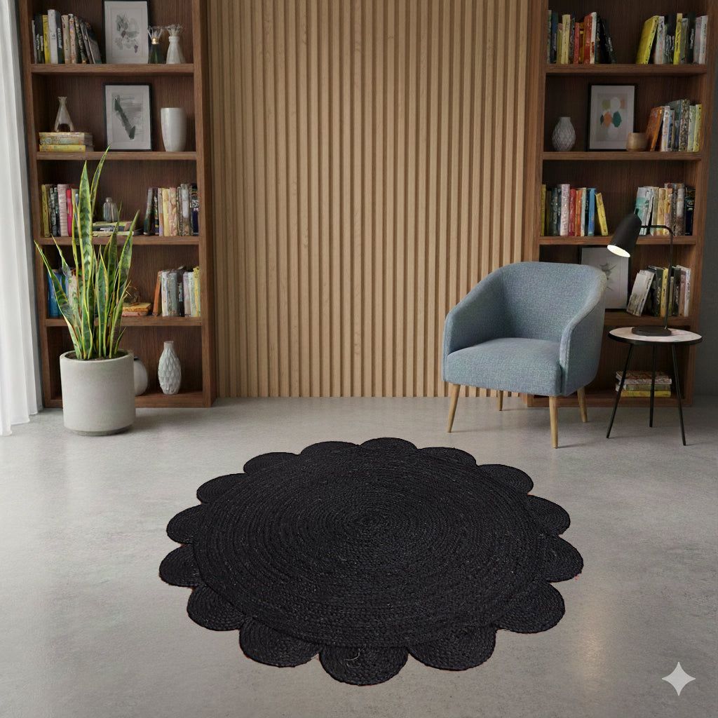 Black Round Jute Rug Scalloped Edge Handwoven Carpet | Modern Boho Floor Decor
