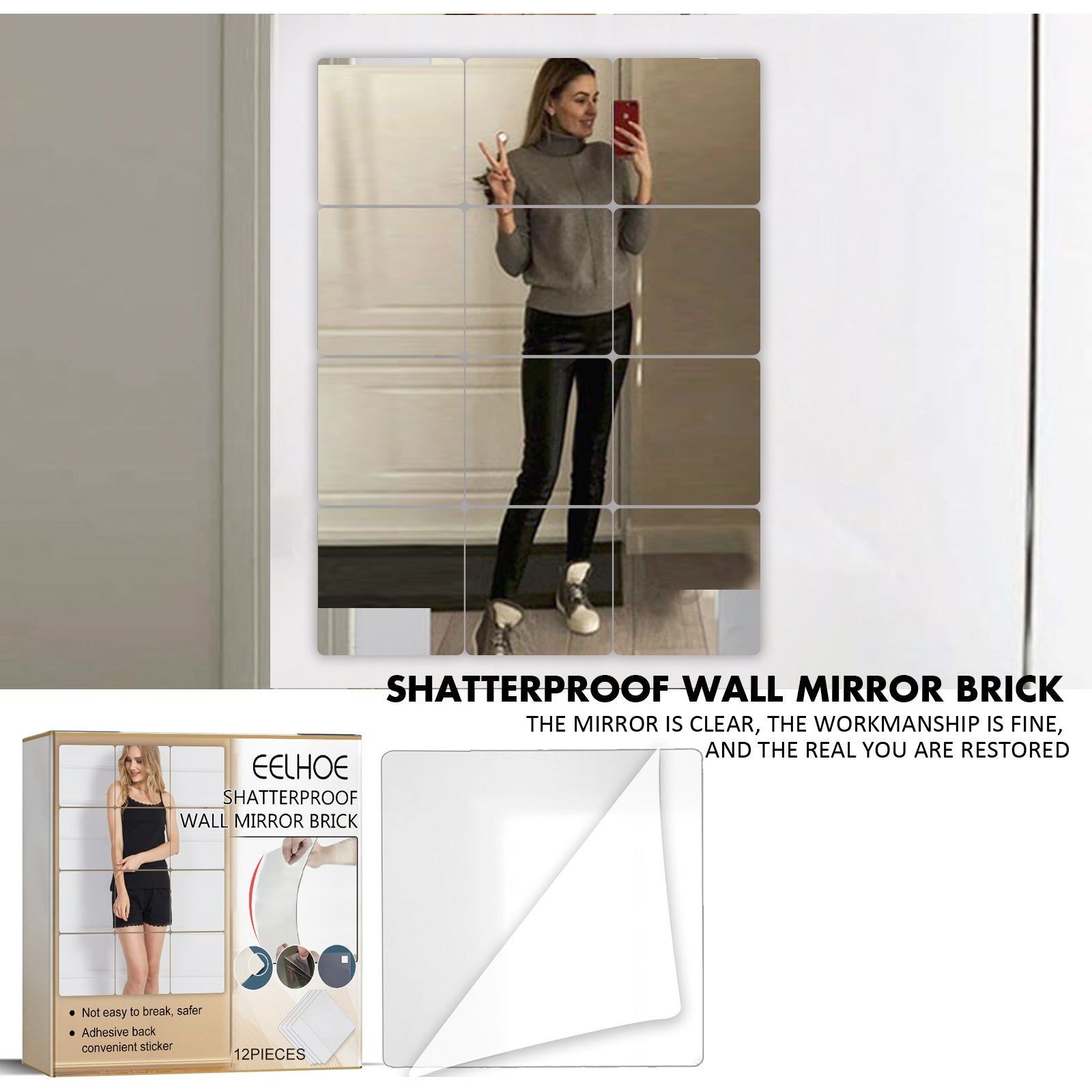 Anti-Fall Wall Mirror, Easy Install, Safe Full Body Mirror for Smooth Walls ,12pcs