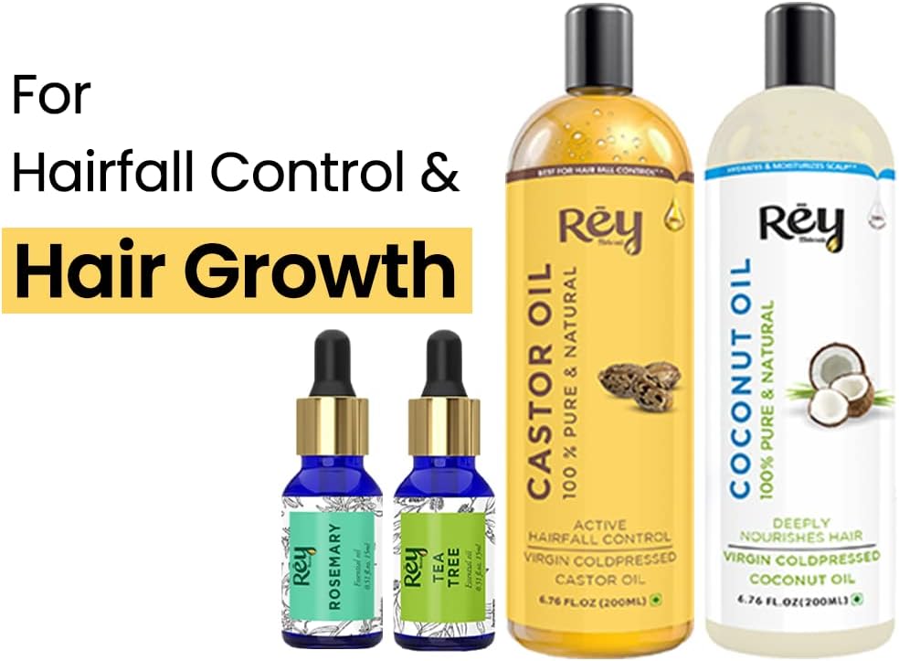 Rey Naturals hair oils combo/hair care kit (Castor oil + Coconut oil + Tea tree oil + Rosemary oil) controls hairfall