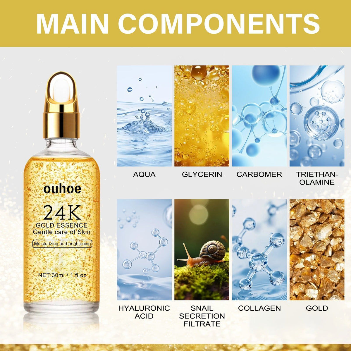 24k Facial Essence, Moisturizing Brightening Pores Repair, Anti-Aging, Hydrating Serum ,30ml