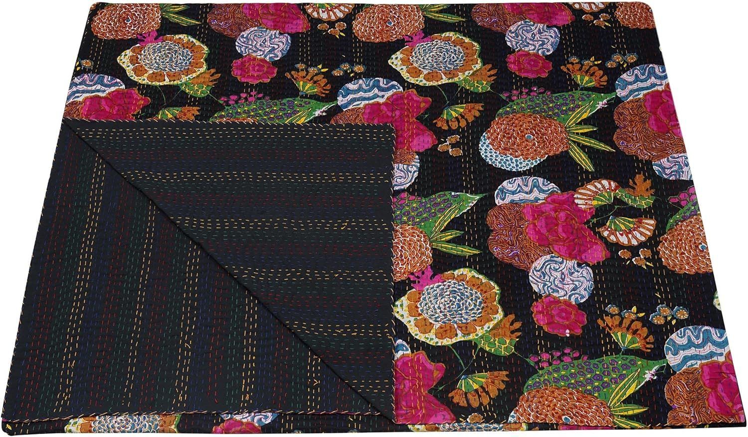 Black Floral Kantha Quilt – Handmade Cotton Blanket, Reversible Indian Kantha Bedspread, Lightweight Throw