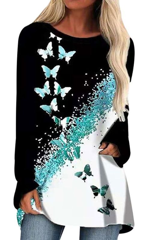Womens Long Sleeve Butterfly Pullover Autumn Crew Neck Shirt Plus Size Loose Tops