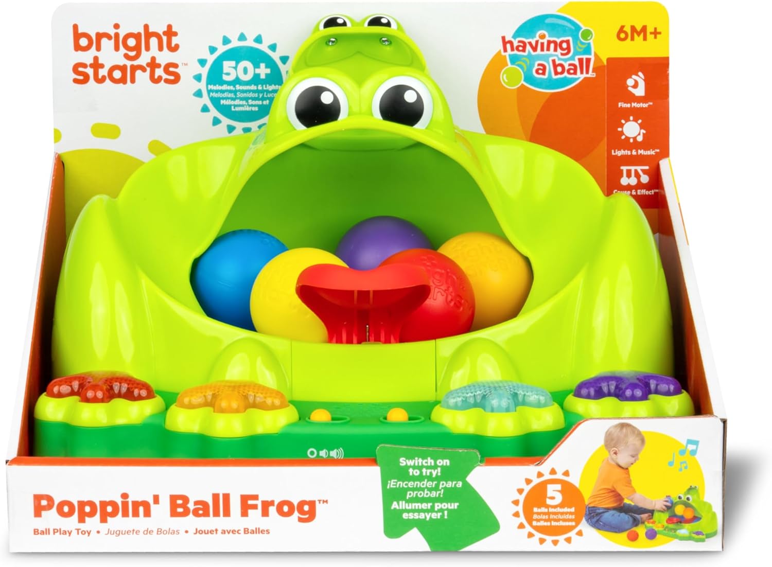 Bright Starts Poppin’ Ball Frog Ball Interactive Play Toy, 6+ Month