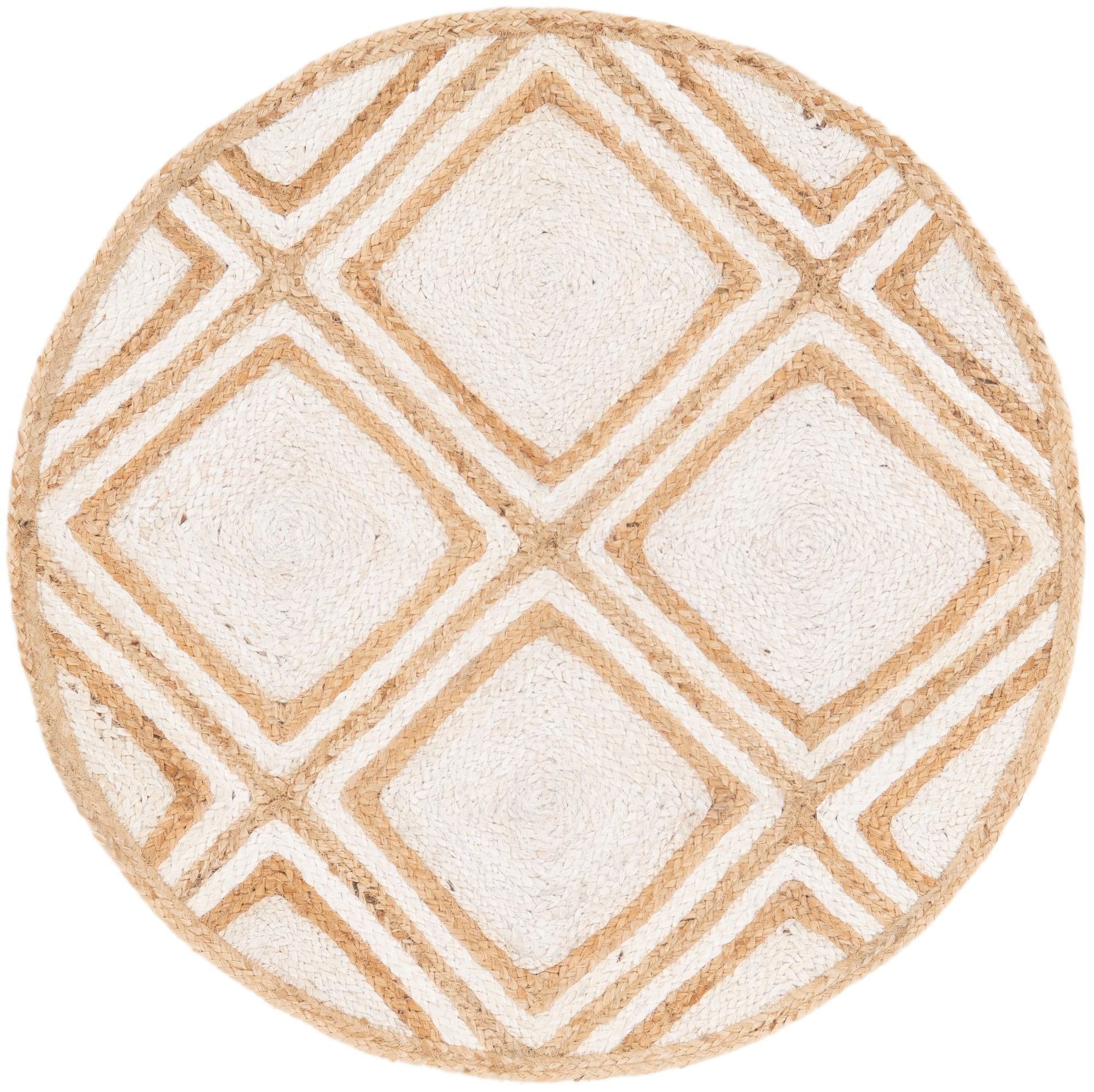 Round Geometric Jute Rug in Ivory & Natural | Modern Minimal Area Carpet