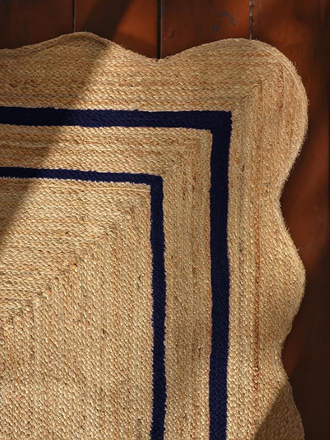 Scalloped Rectangle Jute Rug with Blue Border Lines | Handmade Natural Area & Runner Carpet