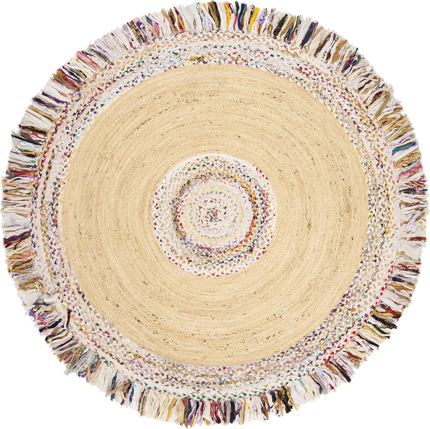 Handmade Round Jute Rug with Multicolor Fringe | Boho Natural Area Rug