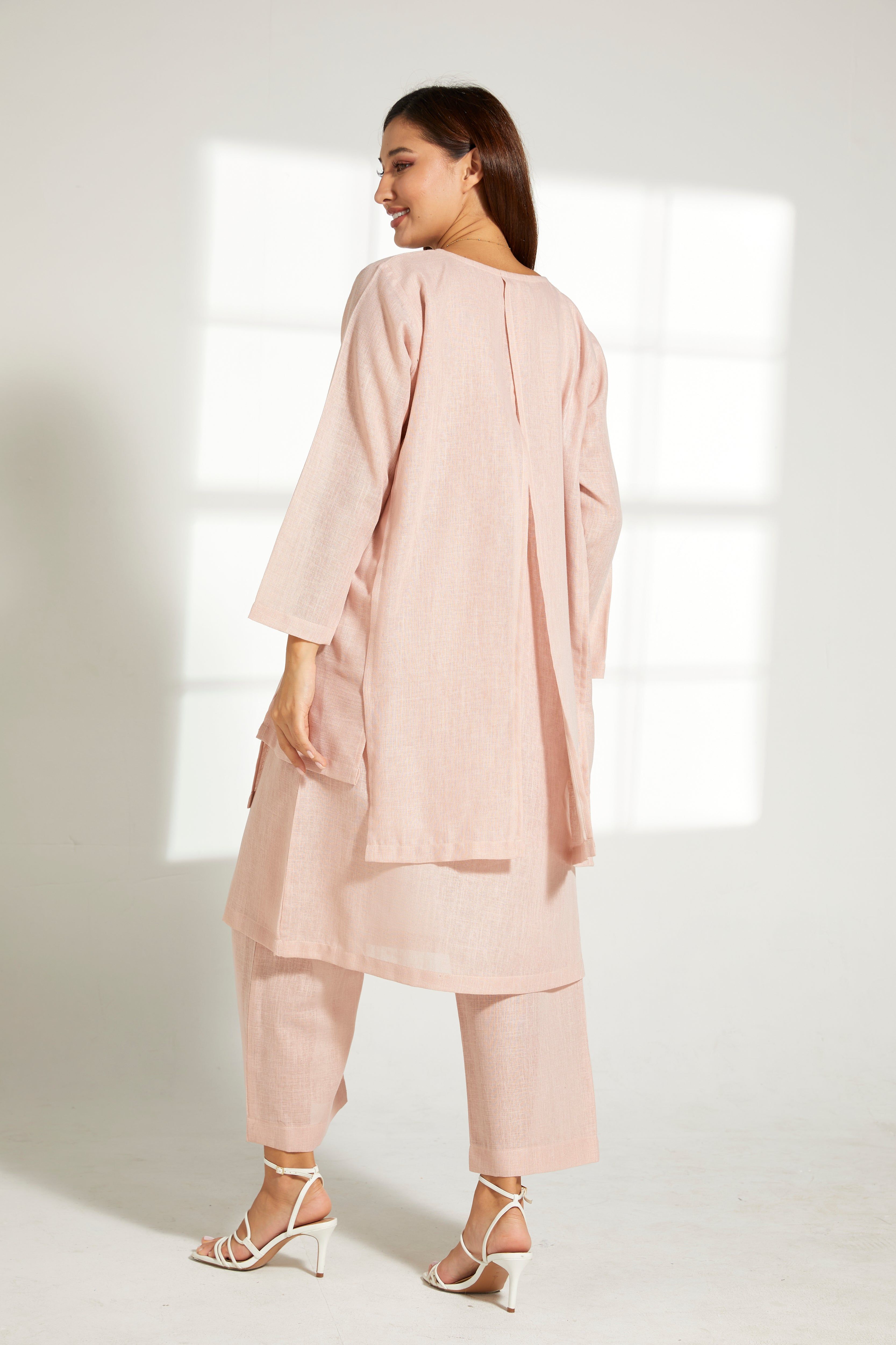 MOiSTREET Peach Linen Fabric Top and Pants Set