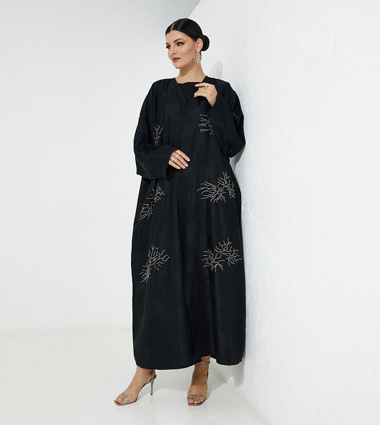 MOiSTREET  Black Jacquard Embroidered Abaya