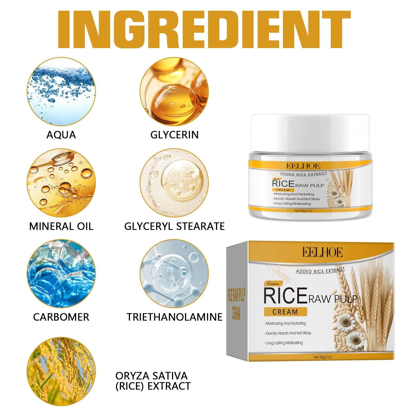 Rice Extract Moisturizing Cream, Soft Firming, Hydrates, Smooths, Anti-Aging ,30g