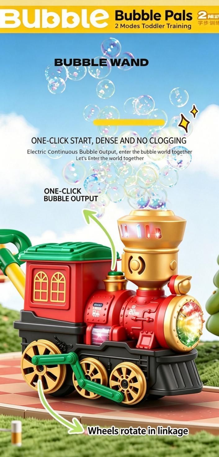 Kids Train Bubble Machine Push Toy - Automatic Bubble Blower with Lights & Wheels, Outdoor Activity Toy for Toddlers 3+