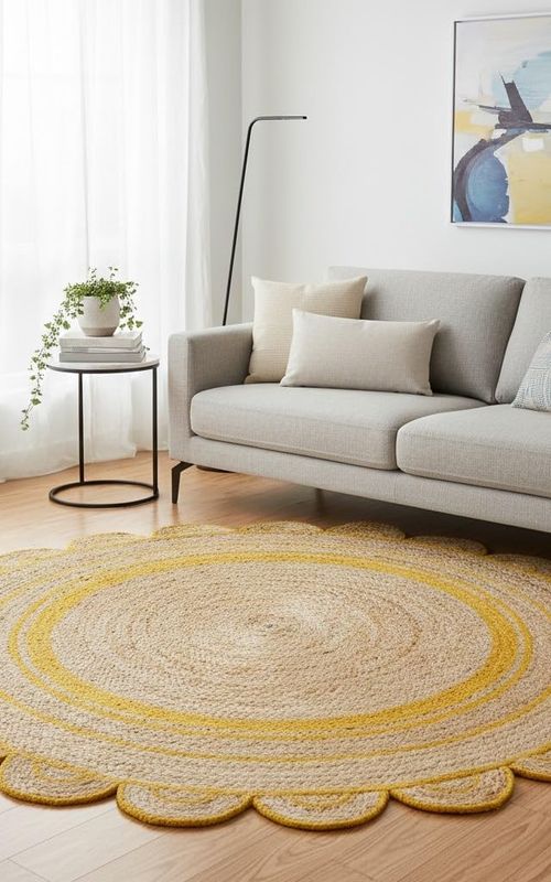 Handmade Round Jute Rug with Yellow Border | Scalloped Edge Area Rug