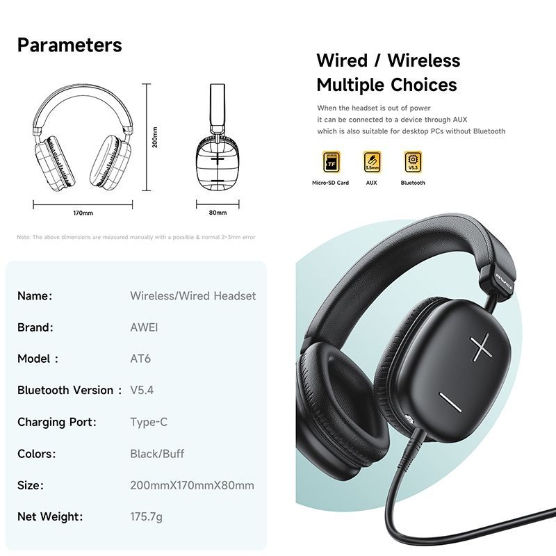 awei AT6 Wireless Bluetooth V5.4 Hi-Fi Stereo Headphones