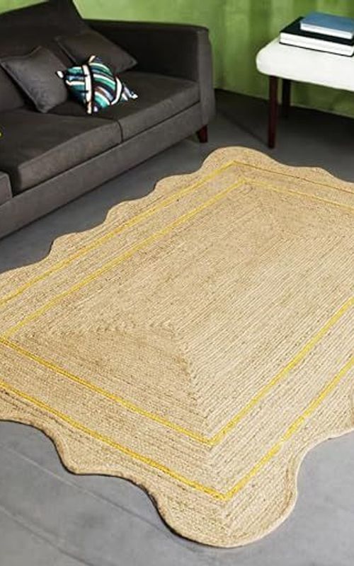Scalloped Rectangle Jute Area Rug with Yellow Center Line | Handmade Runner Carpet
