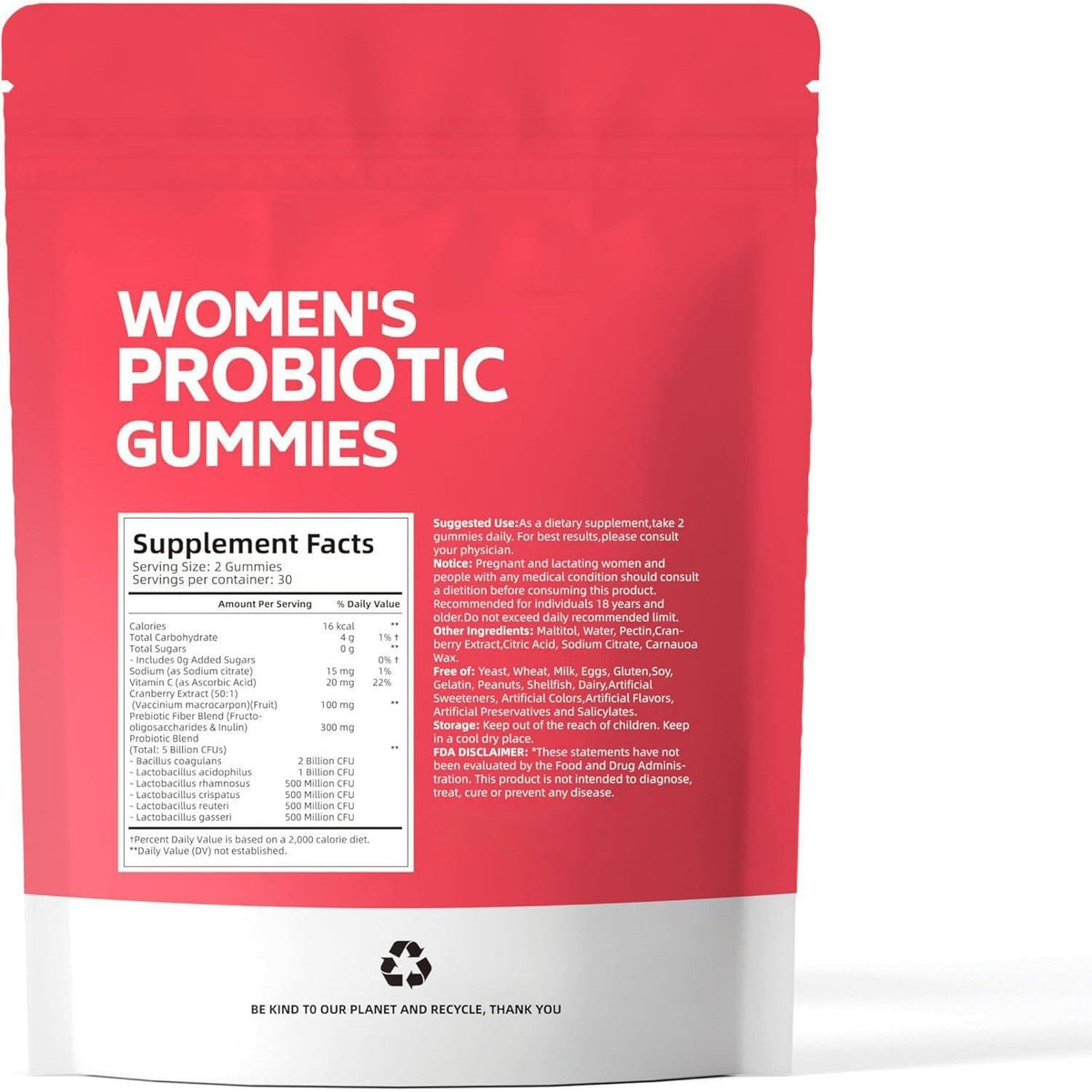 Women's Probiotic Gummies, Cranberry Flavor, 5 Billion CFUs Per Serving, 60 Gummies, Vegan, No Sugar, Non‑GMO Dietary Supplement