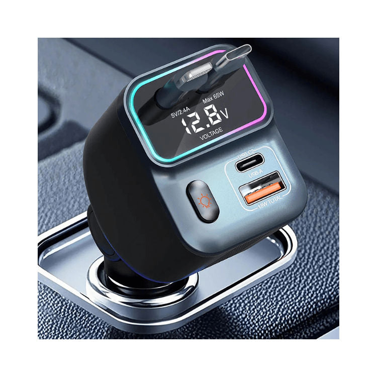 Porodo 65W Car Charger Dual Retractable Cable