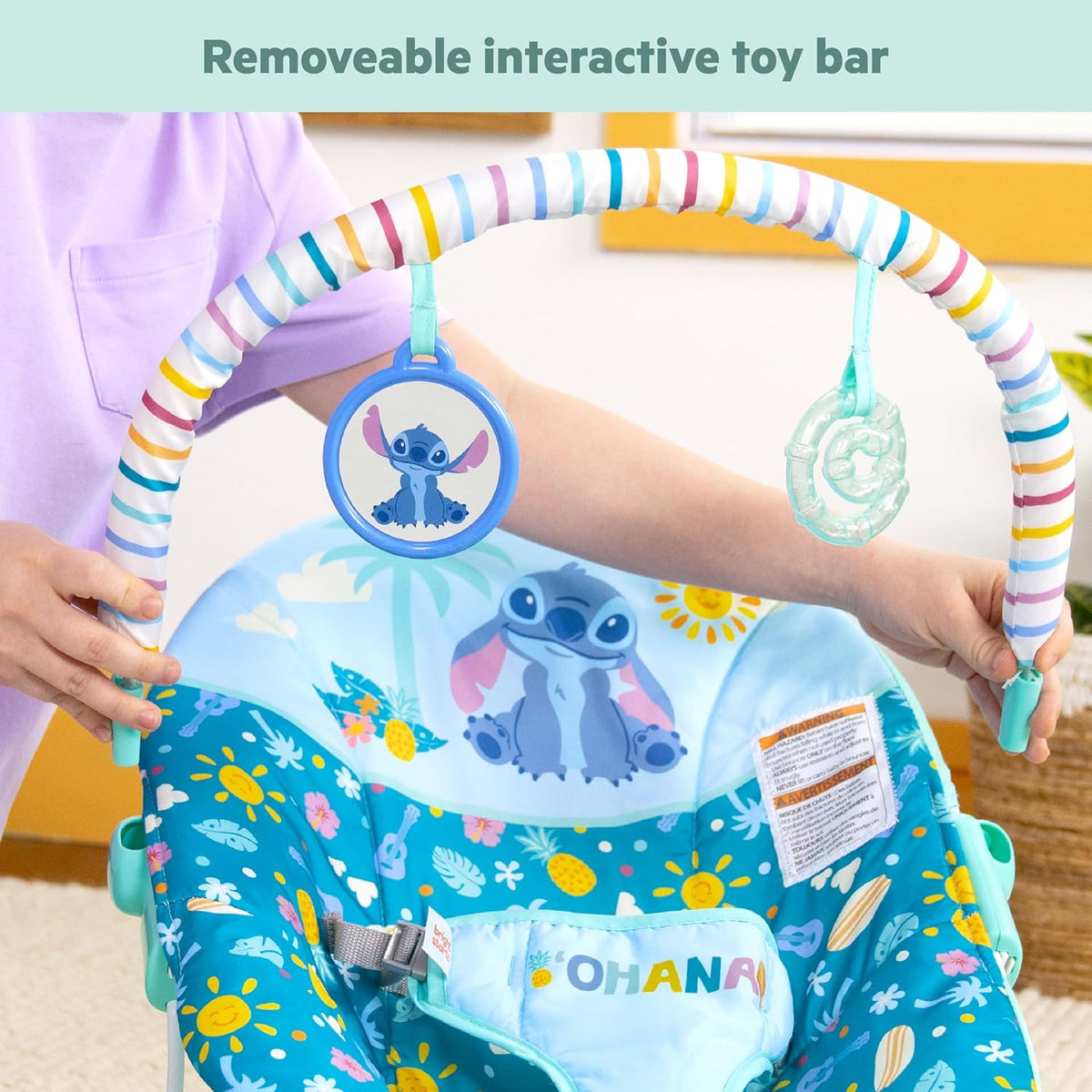 Bright Starts Disney Baby Lilo & Stitch Ohana Paradise Vibrating Bouncer Toy (55.30 x 48.01 x 51.51cm, Mint Green), 0 to 6 months
