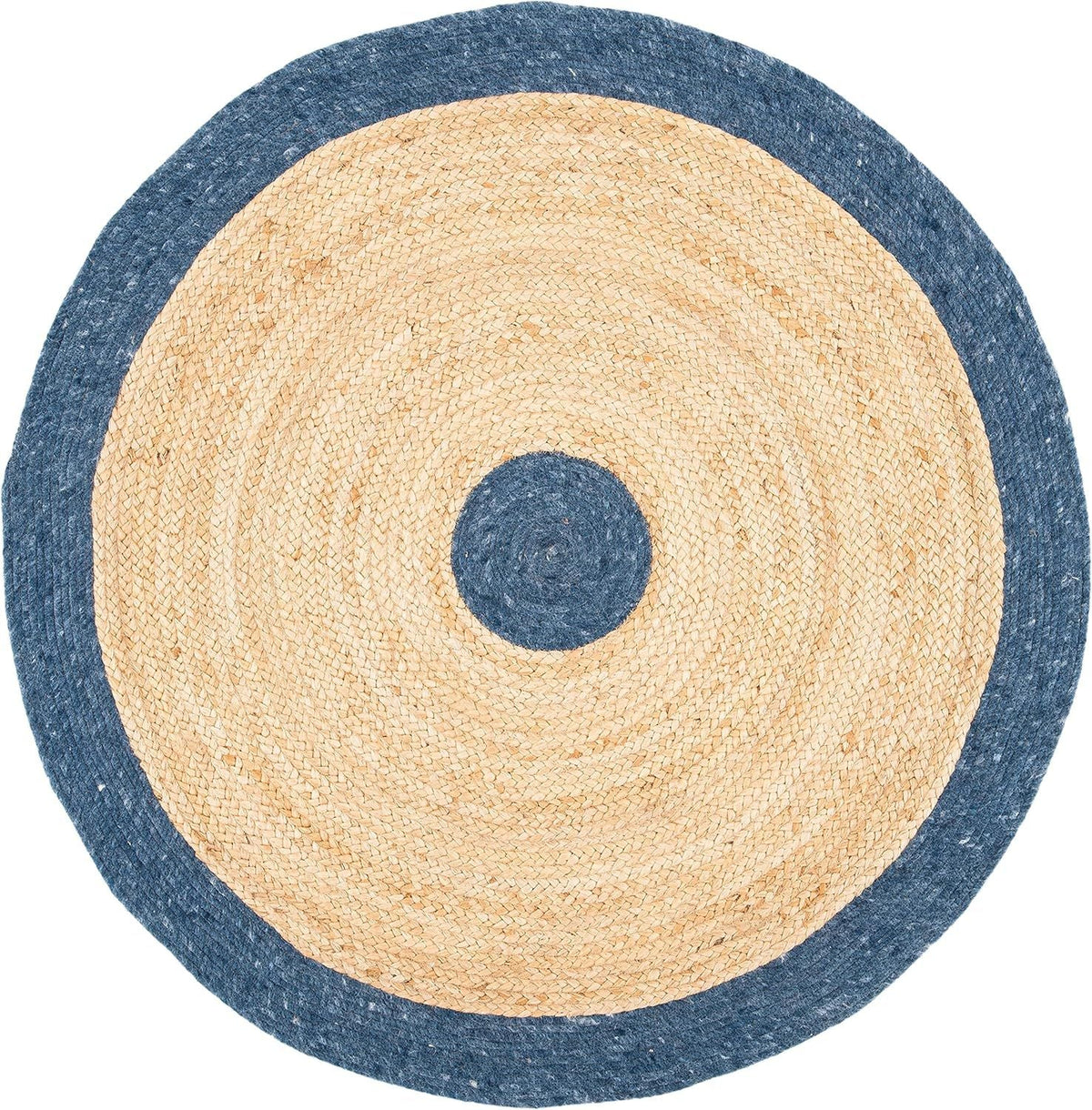 Navy Blue Border & Center Jute Round Rug | Dual Tone Handwoven Natural Area Carpet