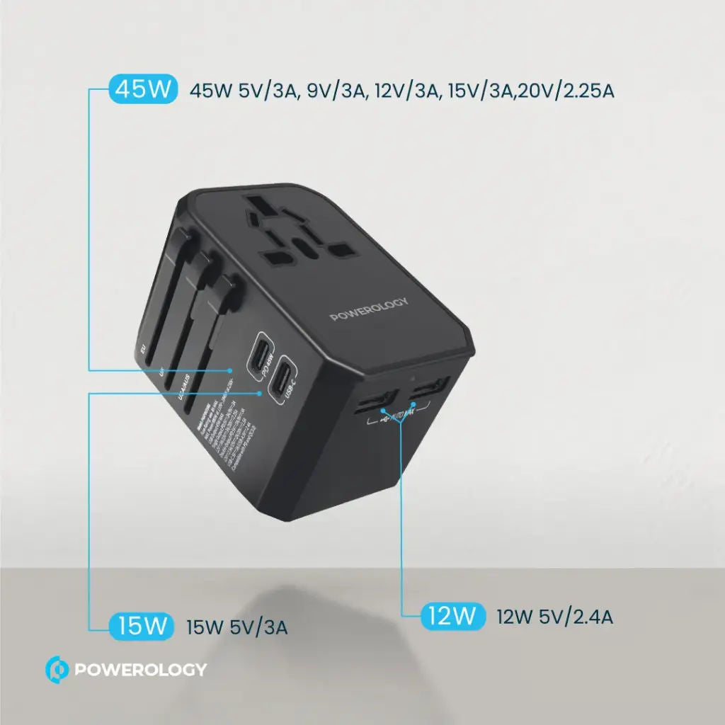 Powerology Universal Travel Adapter 45W PD Fast Charge, 3× USB-A + USB-C, Global Plug, Black
