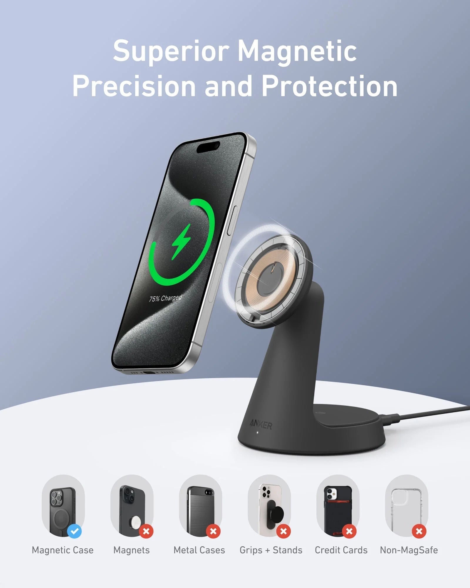 Anker MagGo 2-in-1 Qi2 Wireless Charger Stand, 15W Magnetic Fast Charging Dock for iPhone & AirPods