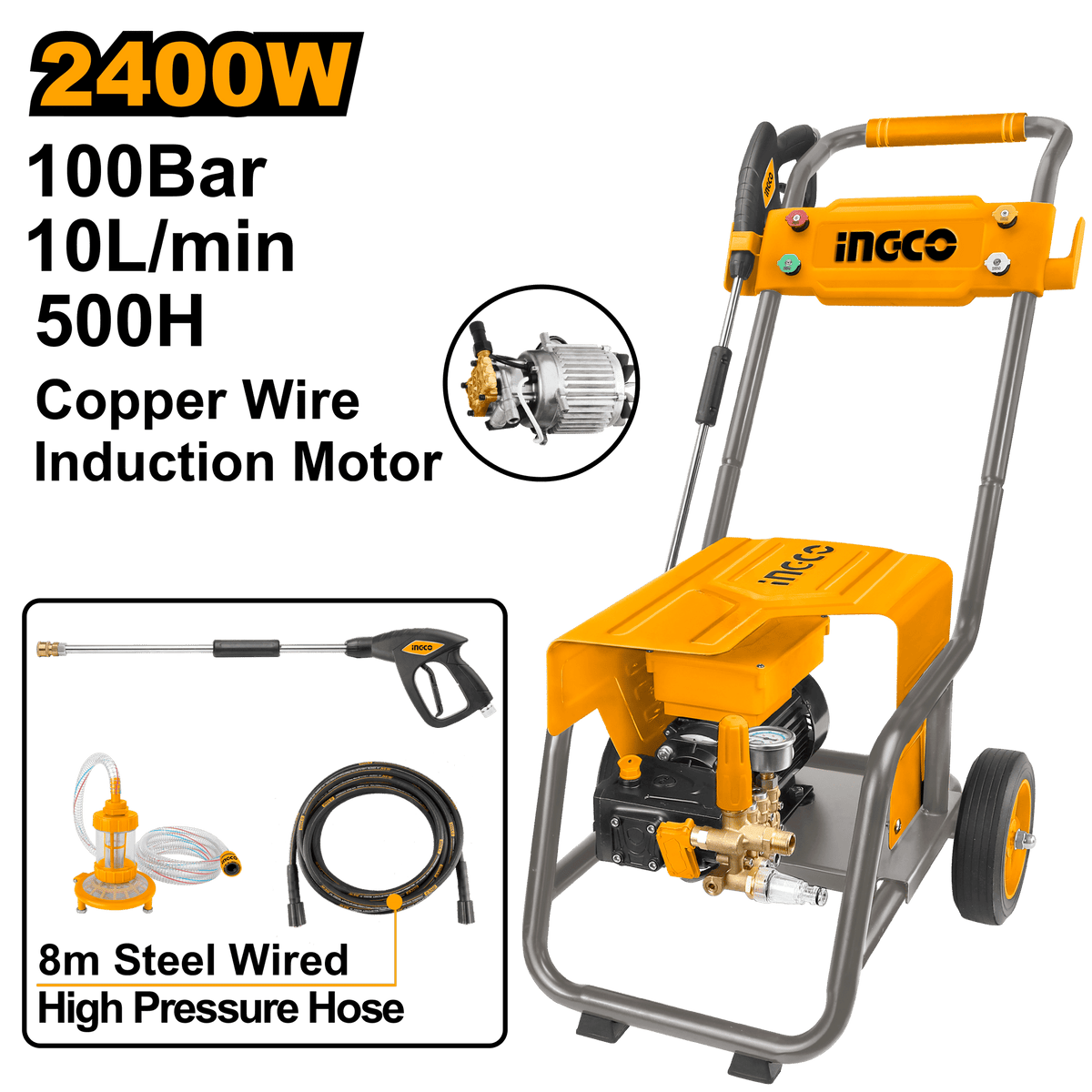 INGCO High Pressure Washer 2400W 100 Bar 1450 PSI Commercial Electric Cleaner