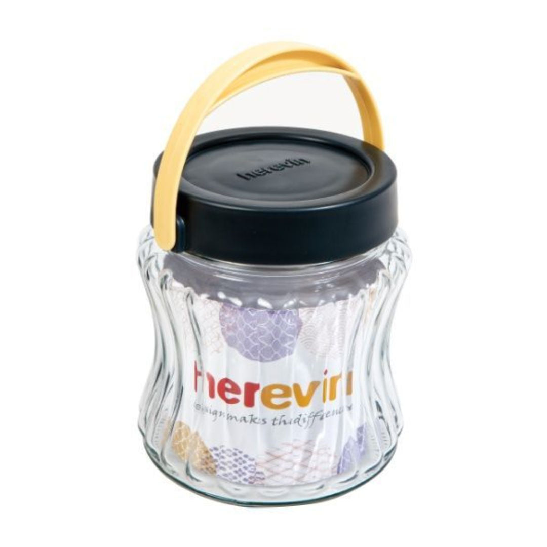 Herevin Embossed Glass Canister With Handle Lid, 950ml