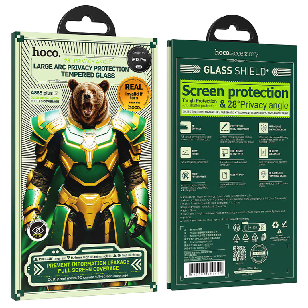 Hoco A888 Plus Bear Shield Series Full Screen Anti-Spy Tempered Glass for iPhone 18 Pro, Anti-Spy, Full Screen Coverage