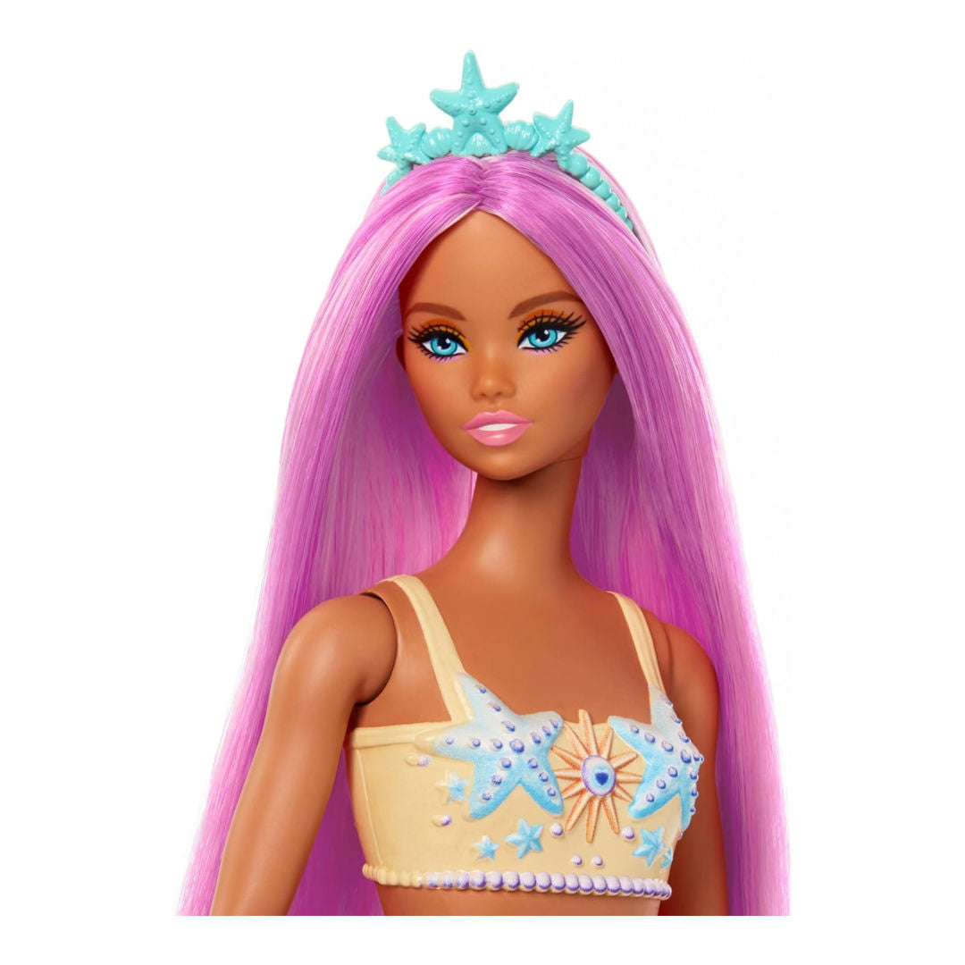 Barbie Mermaid Doll with Pink Fantasy Hair & Headband, Starfish Bodice, Pastel Orange Tail, 3+ Years, 30cm