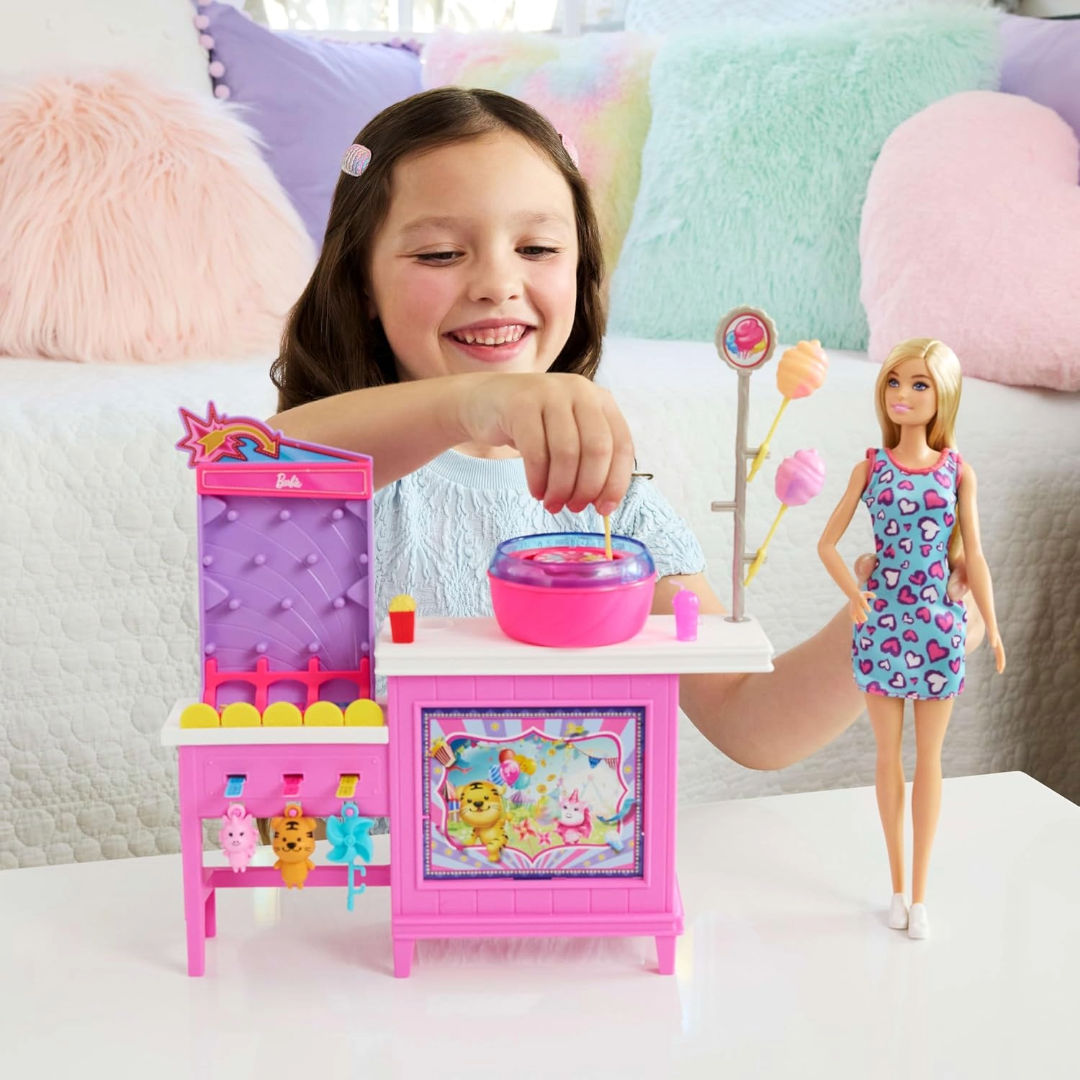 Barbie Mysteries, Beach Detectives Malibu Doll & Cotton Candy Game Booth Playset, 20+ Accessories with Prizes
