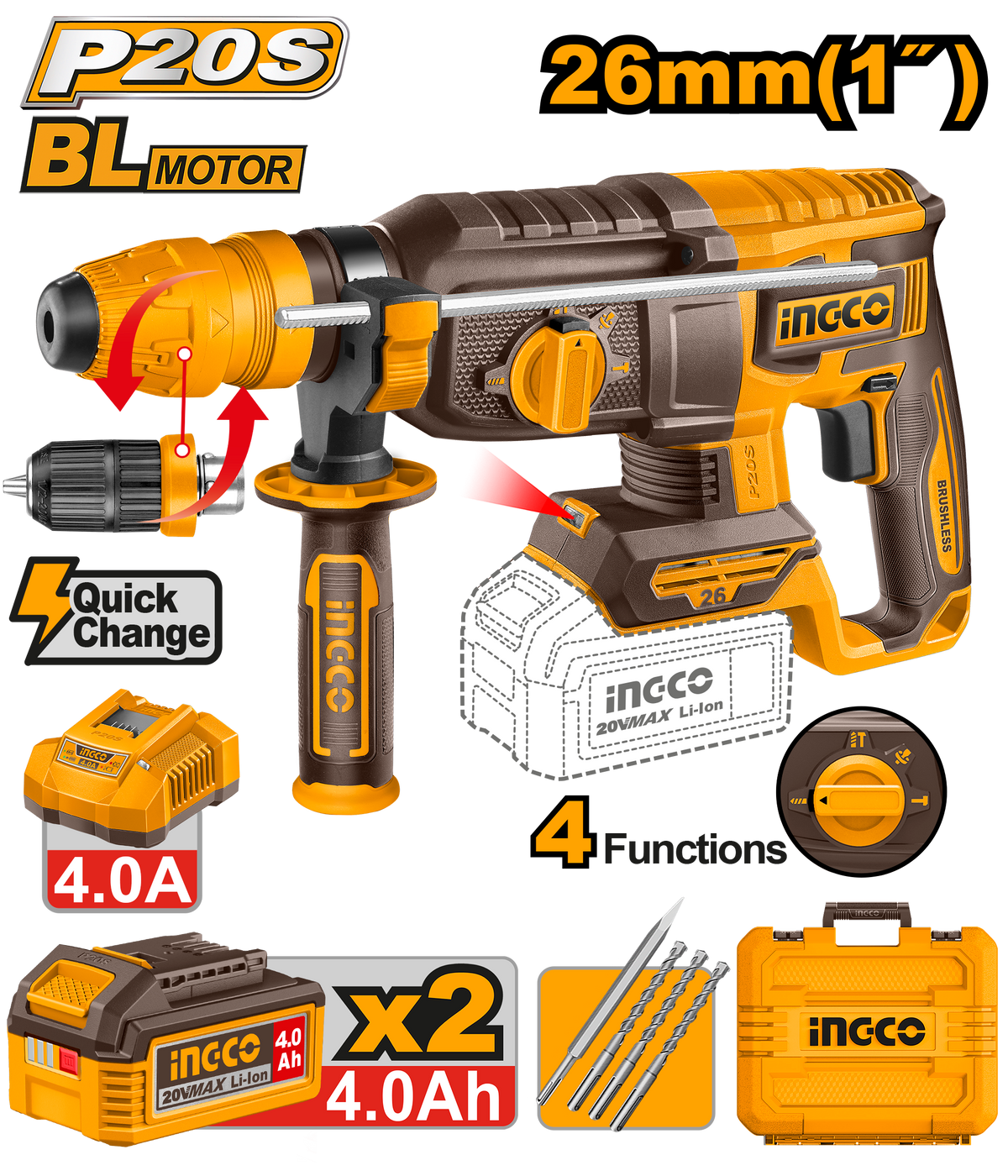 INGCO Cordless Rotary Hammer Drill 26mm SDS Plus 20V Brushless