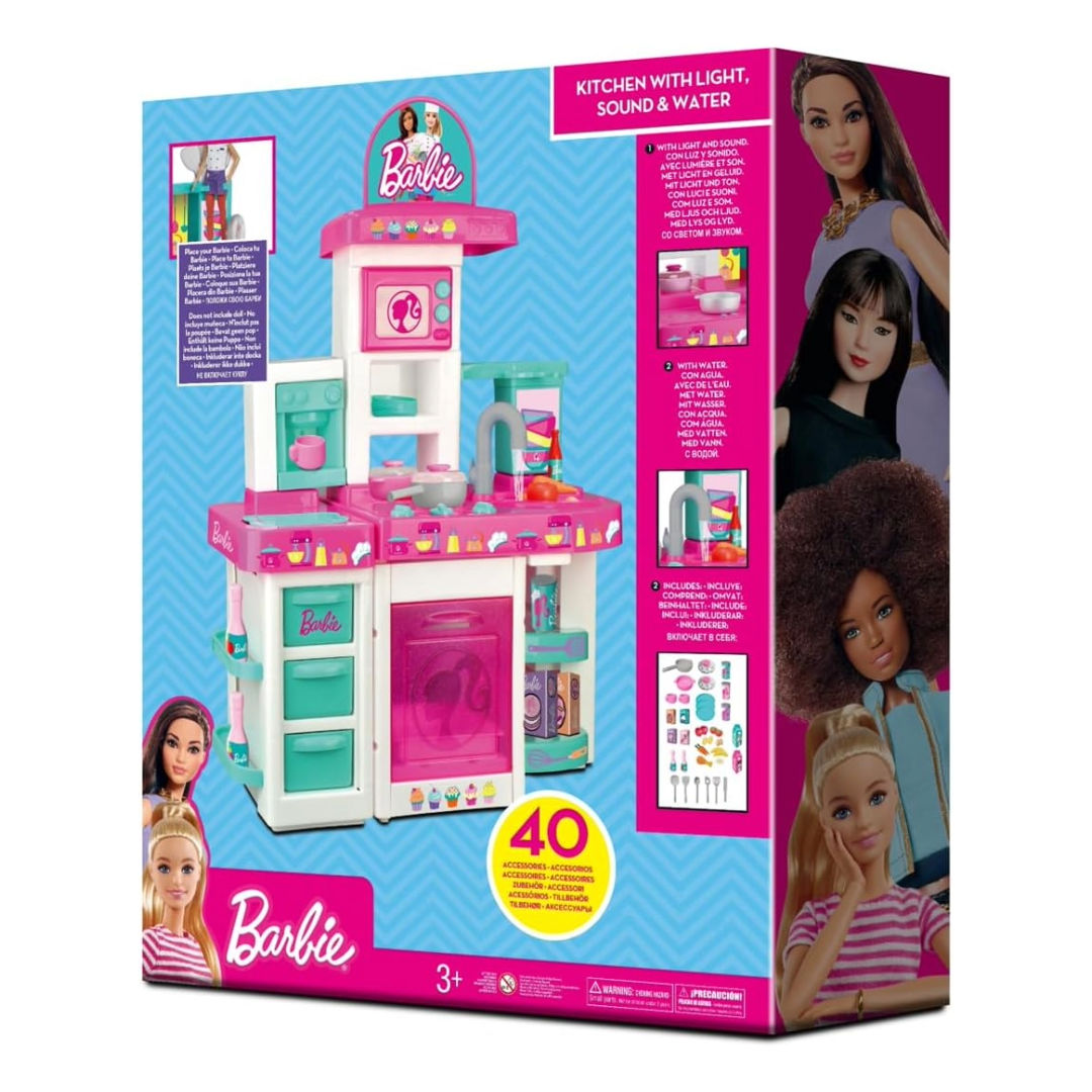 Barbie Large Kitchen Set for Toddlers, Pretend Play Cooking Unit with Lights, Sound, Sink, Oven, Stove & Accessories