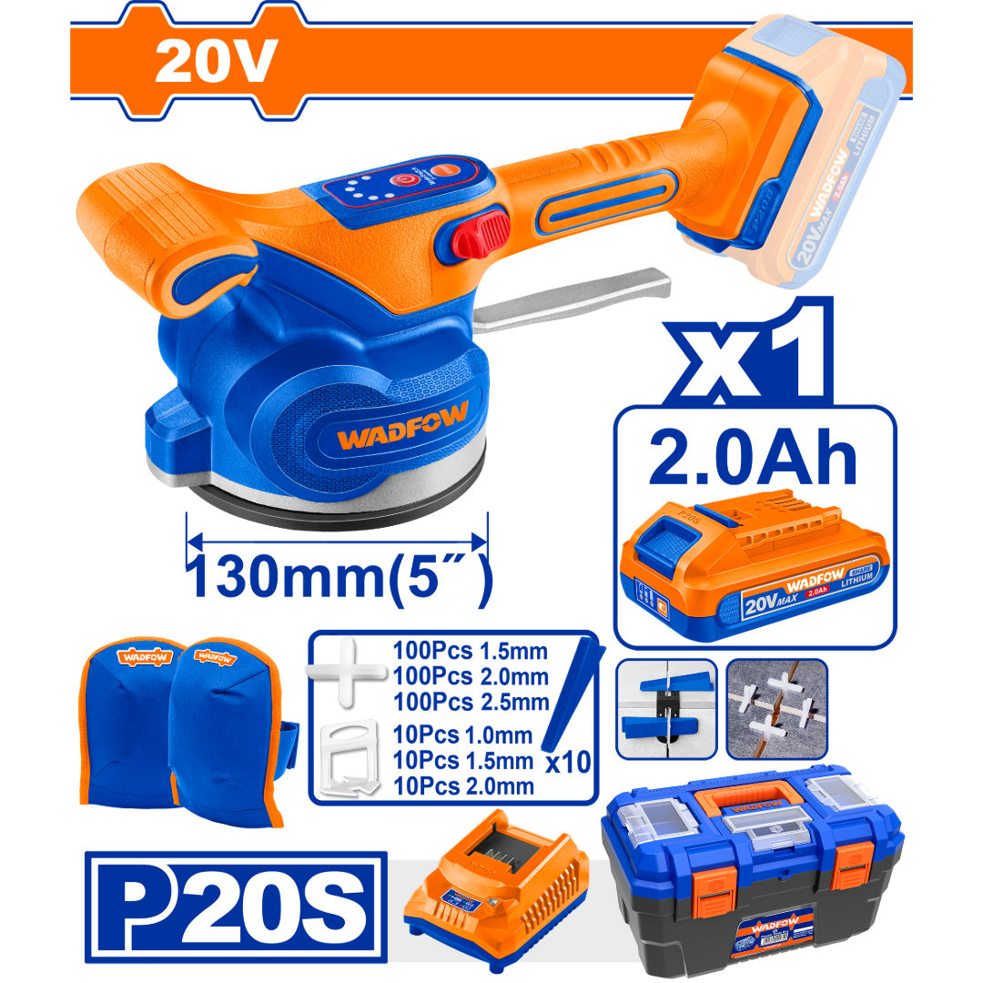 WADFOW 20V Cordless Tile Vibration Machine Kit, 0–10,000rpm, 50kg, 2.0Ah, Charger, Spacer