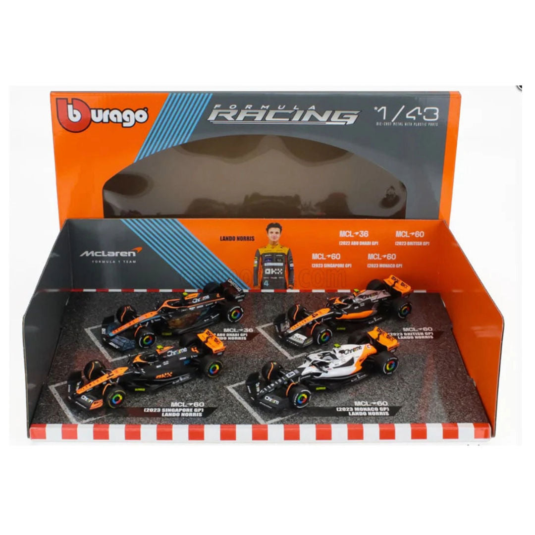Bburago F1 2022 & 2023, McLaren Team Lando Norris, Die-Cast Cars, 4-Pack Collectors Edition Set, 1:43