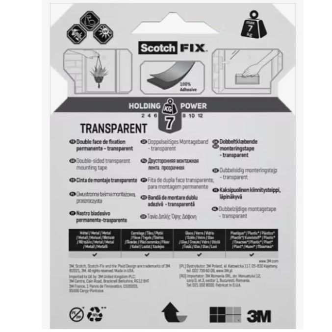 Scotch-FIX™ Transparent Double-Sided Mounting Tape 19mm x 5m Clear Heavy Duty Adhesive Tape