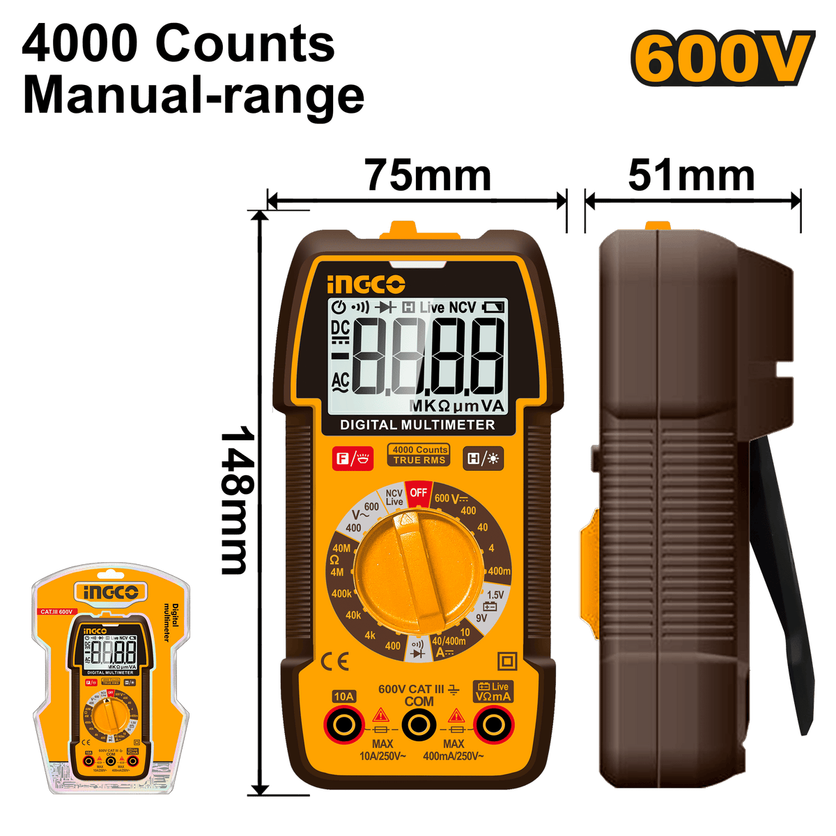 INGCO Digital Multimeter 600V True RMS Electrical Tester