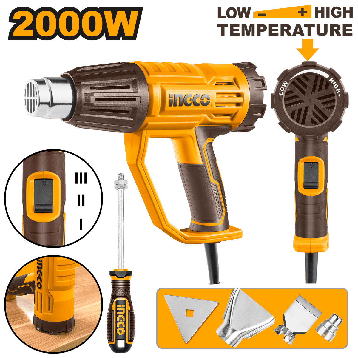 INGCO Electric Heat Gun 2000W Adjustable Temperature Hot Air Gun Kit