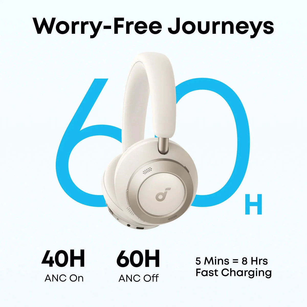 Anker Soundcore Space One Pro Wireless Headphones Adaptive ANC 3.0, Hi-Res Audio, 60H Playtime, Cream White, A3062H21