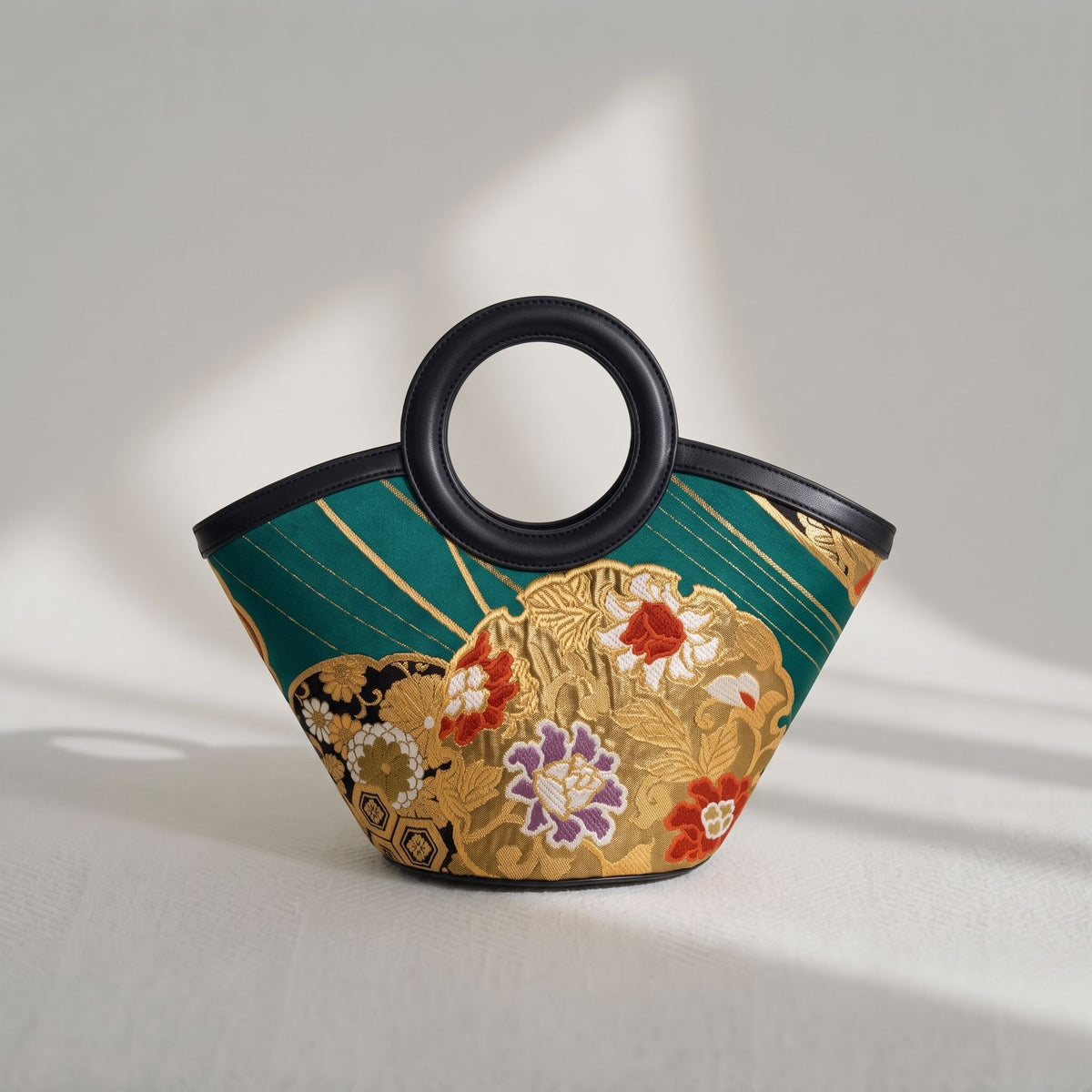 Jamila Designer Mulberry Silk Tote Bag, Japanese-Inspired Embroidery with Round Handles