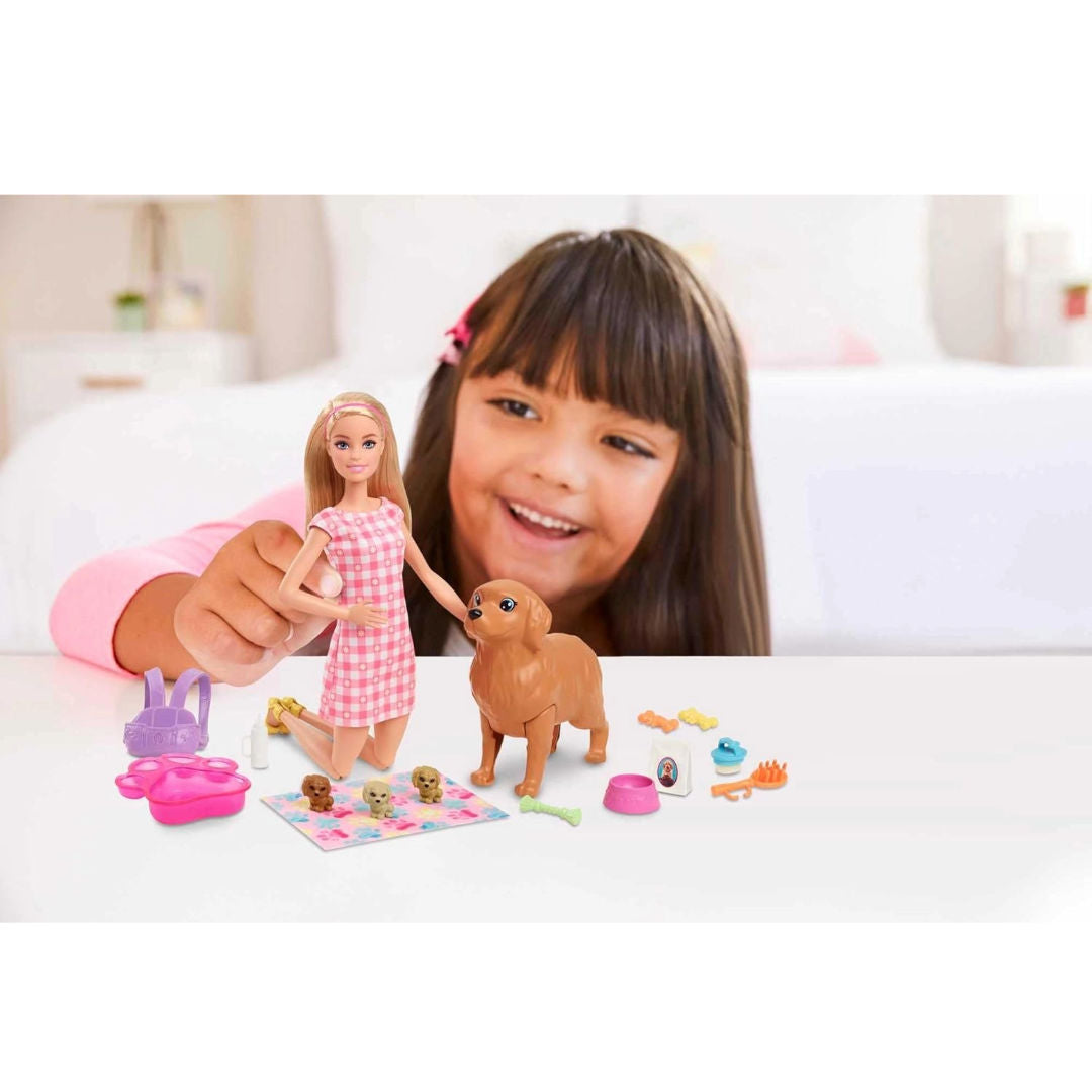 Barbie Doll & Pets Set, Blonde Doll with Mommy Dog, 3 Newborn Puppies, Color-Change Feature & Pet Accessories