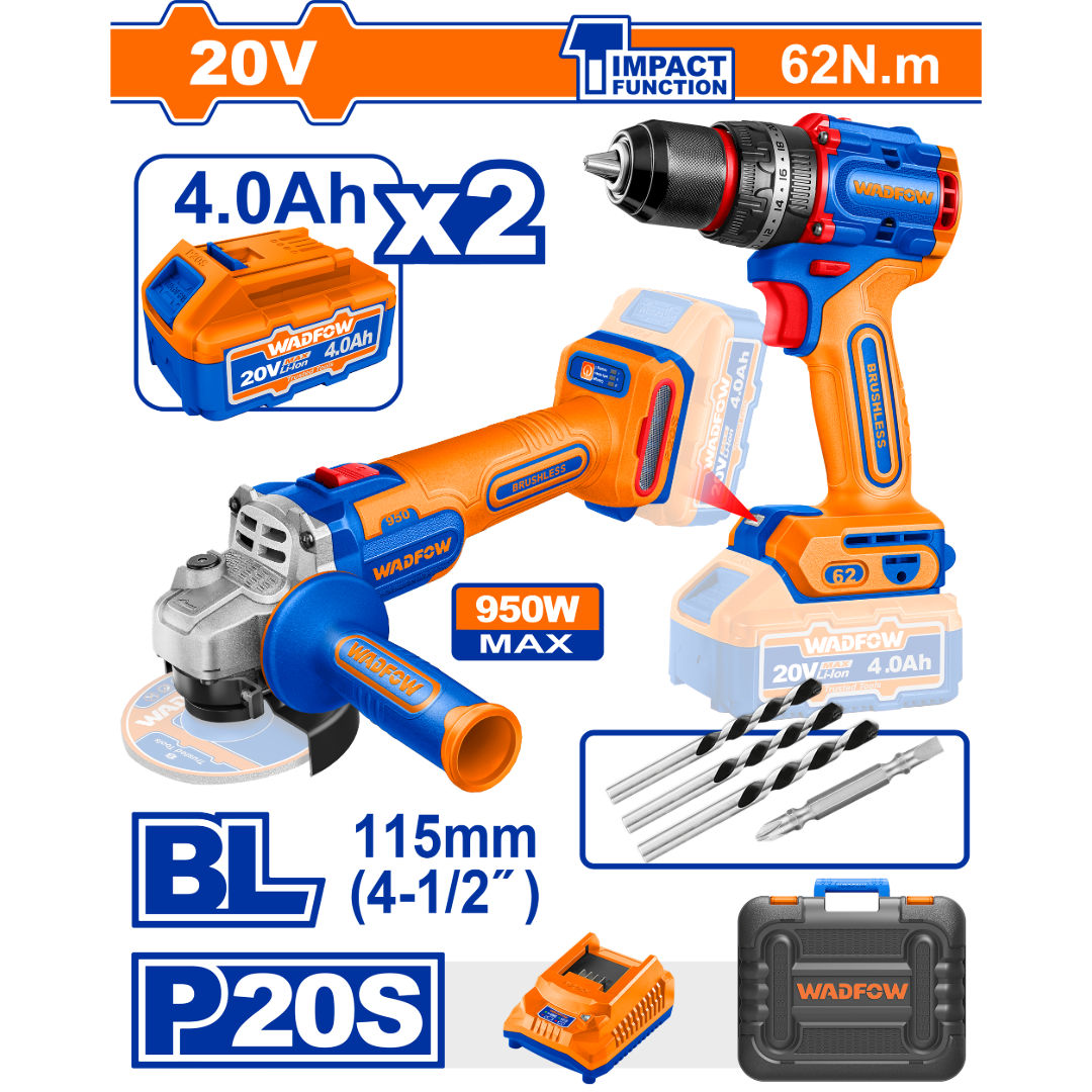 WADFOW 20V 2 Piece Brushless Combo, Impact Drill(62 Nm) + 115mm Angle Grinder
